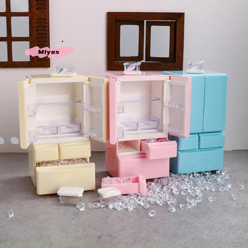 مجموعة مشهد المطبخ المصغرة للعب الطعام بمقياس 1/12، نموذج أثاث بيت الدمى، ثلاجة صغيرة كرتونية لألعاب بيت اللعب