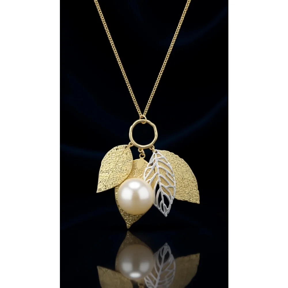 Two Tone Filigree Autumn Leaf Pendant Long Necklace Chic Sweater Chain for Women