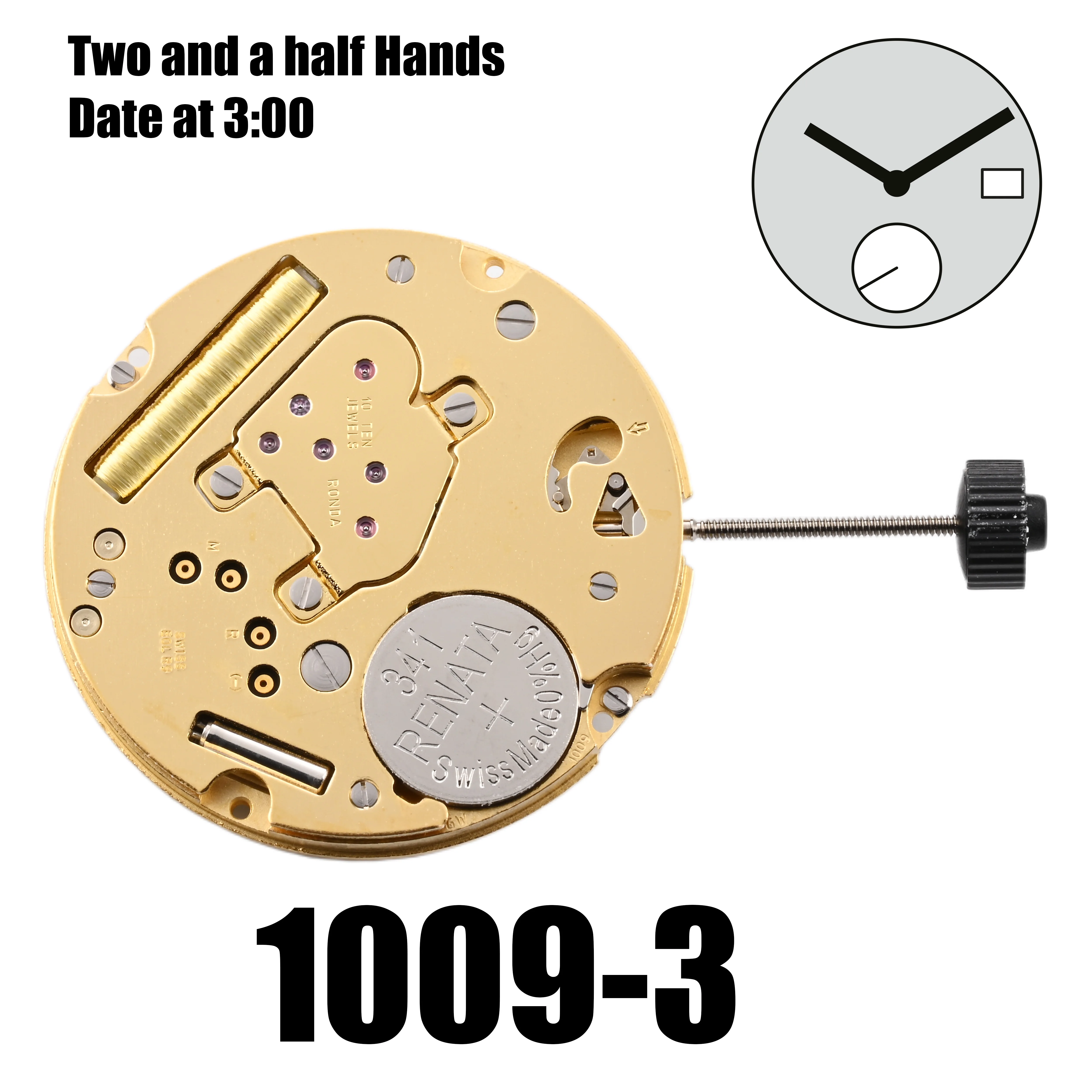 1009 Movement Ronda 1009 Movement with White Datewheel Gold 10 Jewels Size 1.9 Mm 10½''', 23.30 Mm 2 Hands Small Second Date