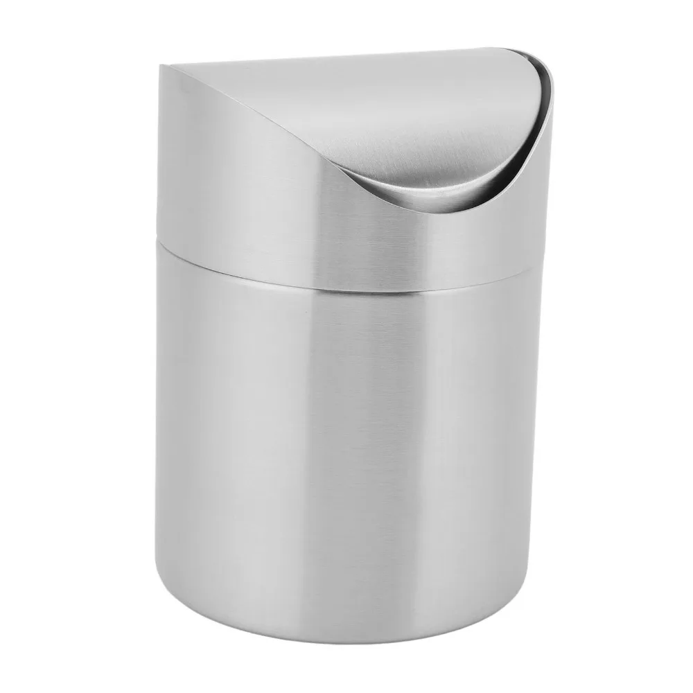 Sleek Stainless Steel Mini Trash Can Silver Swing Lid Desktop Trash Can Compact Size Swing Lid Trash Can Desk