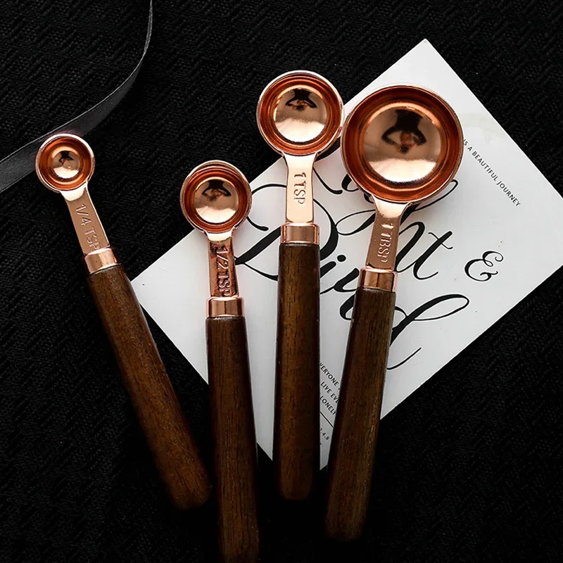 4Pcs Measuring Spoon Set Wood Handle Rose Gold Stainless Steel Measuring Spoons Spice Sugar Spoon Coffee Scoop Kitchen Tools