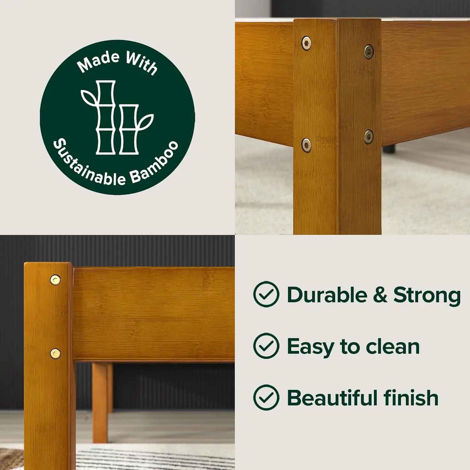 إطار سرير بمنصة من الخيزران مقاس 14 بوصة، دعامة خشبية، لا حاجة إلى صندوق زنبركي، سهل التجميع، بني