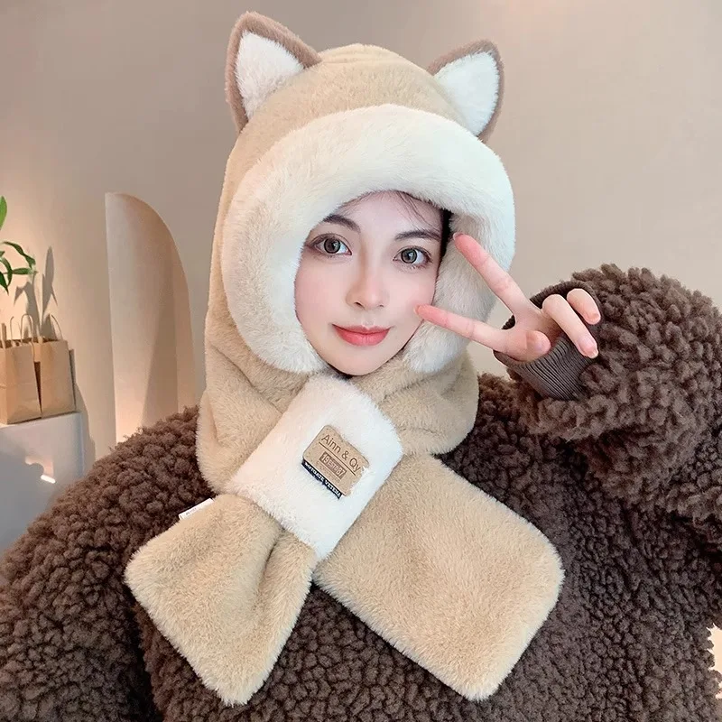 Women Hat Scarf all-in-one Winter Versatile Cute Plush Cap Warm Thickened anti-freezing Windproof Hooded Scarf  Hot