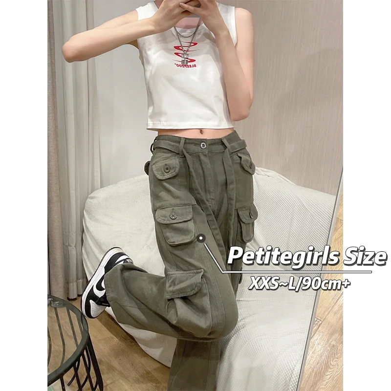 

Petite Girls Vintage Cargo Denim Pants Women High Waist Straight Loose Casual Wide Leg Ankle Length XS Summer tie Multi Pocket