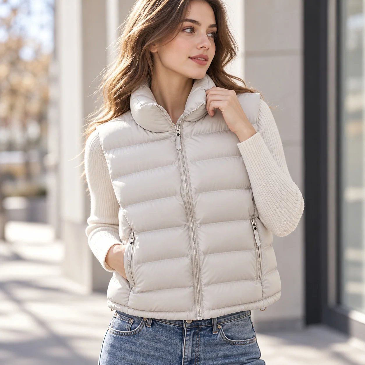 Stand Collar 3D Vest Cropped Elegant Commuter with Edgy Streetwear Ultra Short Length Regular Fit 3D Pattern Winter for Women