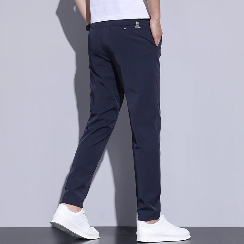 Картина 3: Брюки мужские тонкие прямые повседневные, облегающие эластичные штаны, однотонные брендовая одежда кофейного цвета, лето 2024