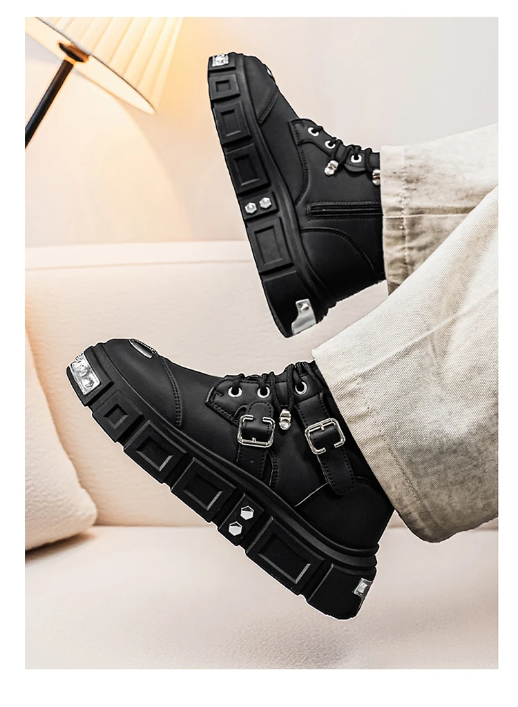 Herren-Streetwear-Stiefel in Uni-Farbe, High-Top, mit Metallschnalle, im Punk-Stil, Motorradstiefel – Detail 19