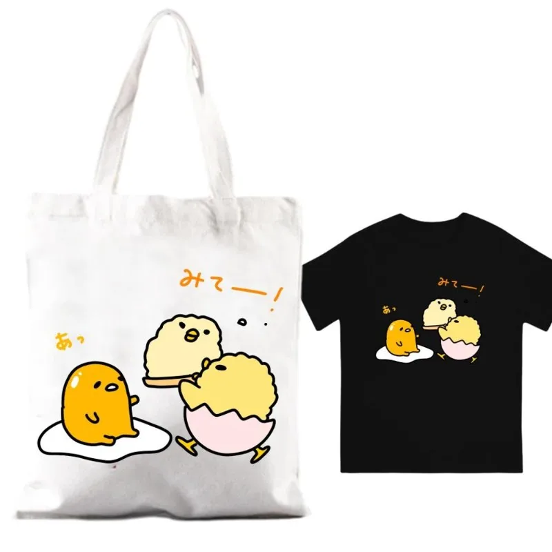 MINISO Egg Gudetama Women Shoulder Bags Couple Combination Clothes Short Sleeve Collar Fashion T shirt  Man Cotton