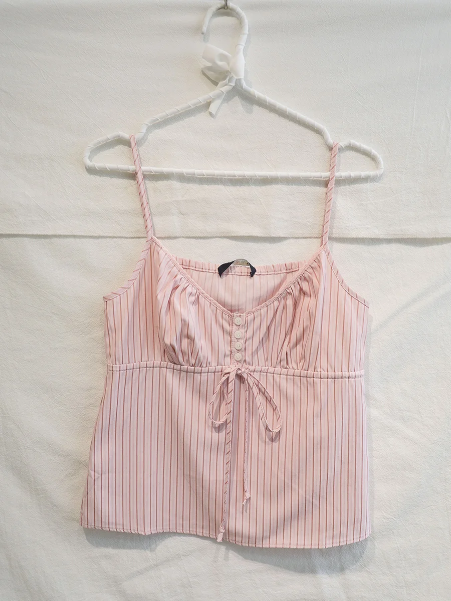 

Pink Striped Drawstring Camisole Women Summer Lace Trim Buttons V Neck Tank Top Lady Sweet Casual Simple Sleeveless Vest Y2k New