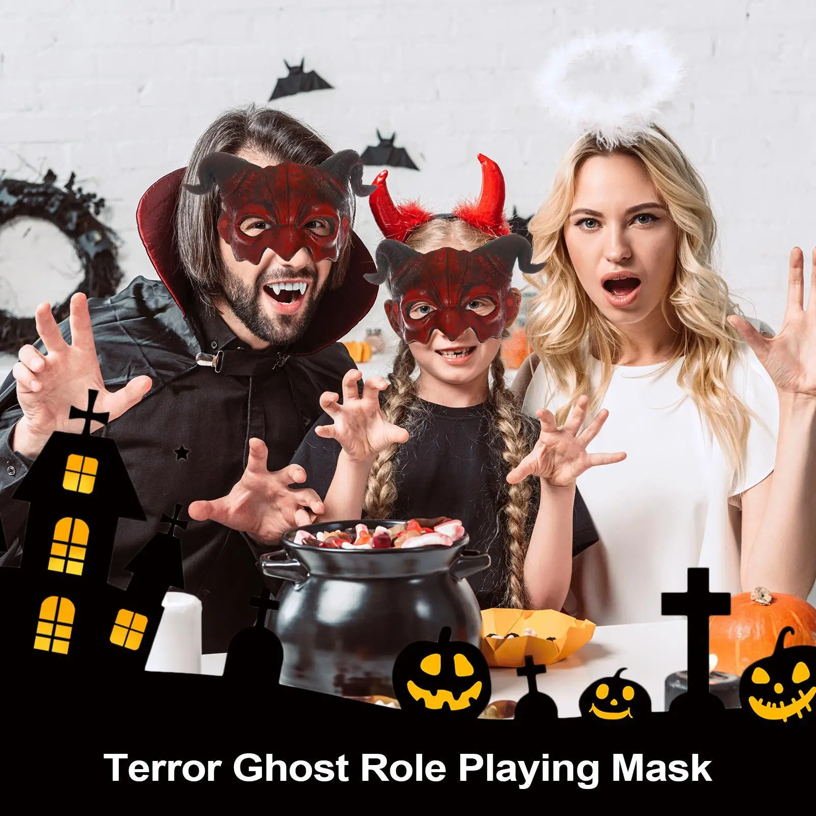 

Полумаска с рогом дьявола на Хэллоуин, ужасающая маска с призраком, ролевая маска, регулируемый головной убор, аксессуары для косплея