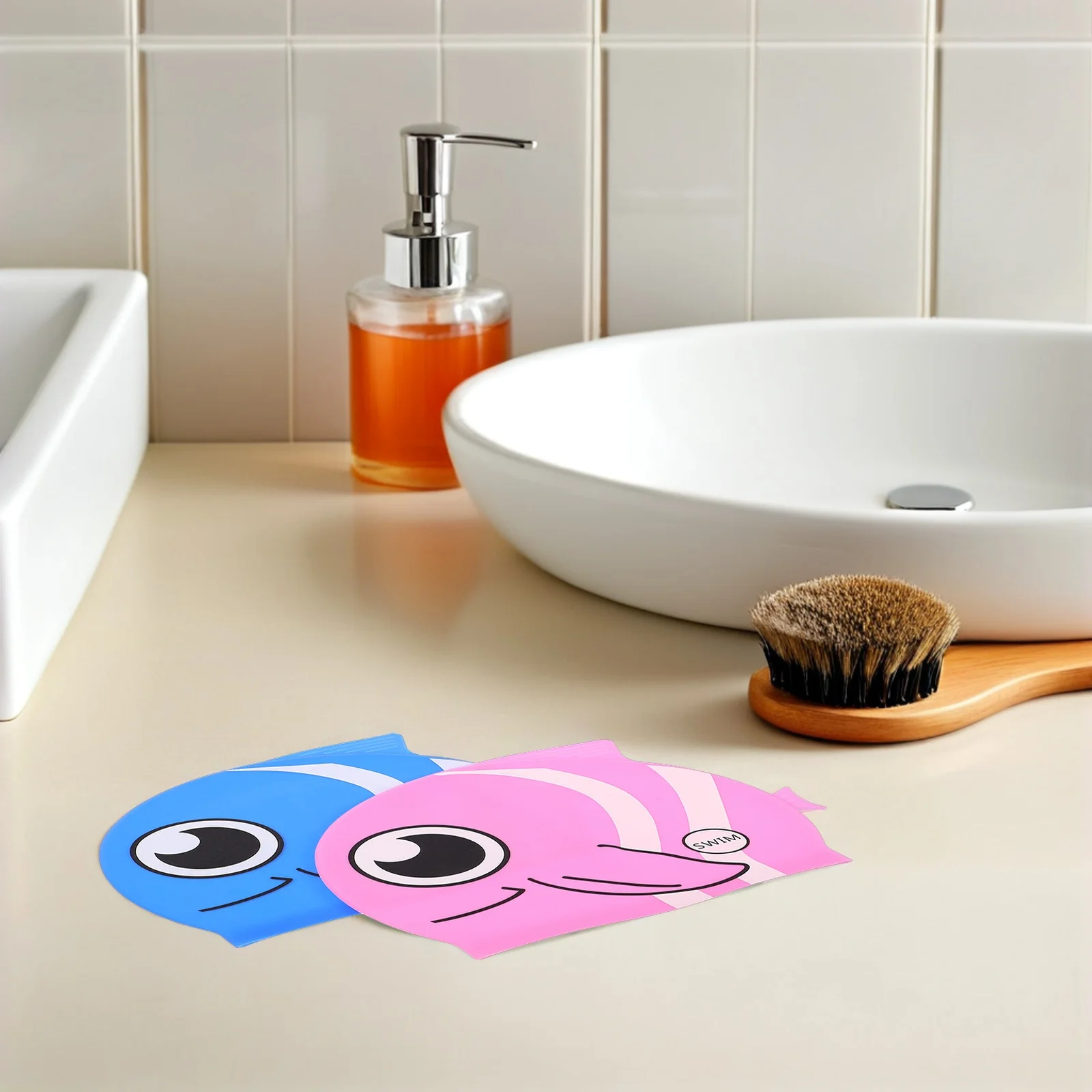 2 قطعة قبعة السباحة سيليكون تصميم الأسماك الكرتون ل قبعة السباحة المقاومة للماء واقي الأذن غطاء الماء #2