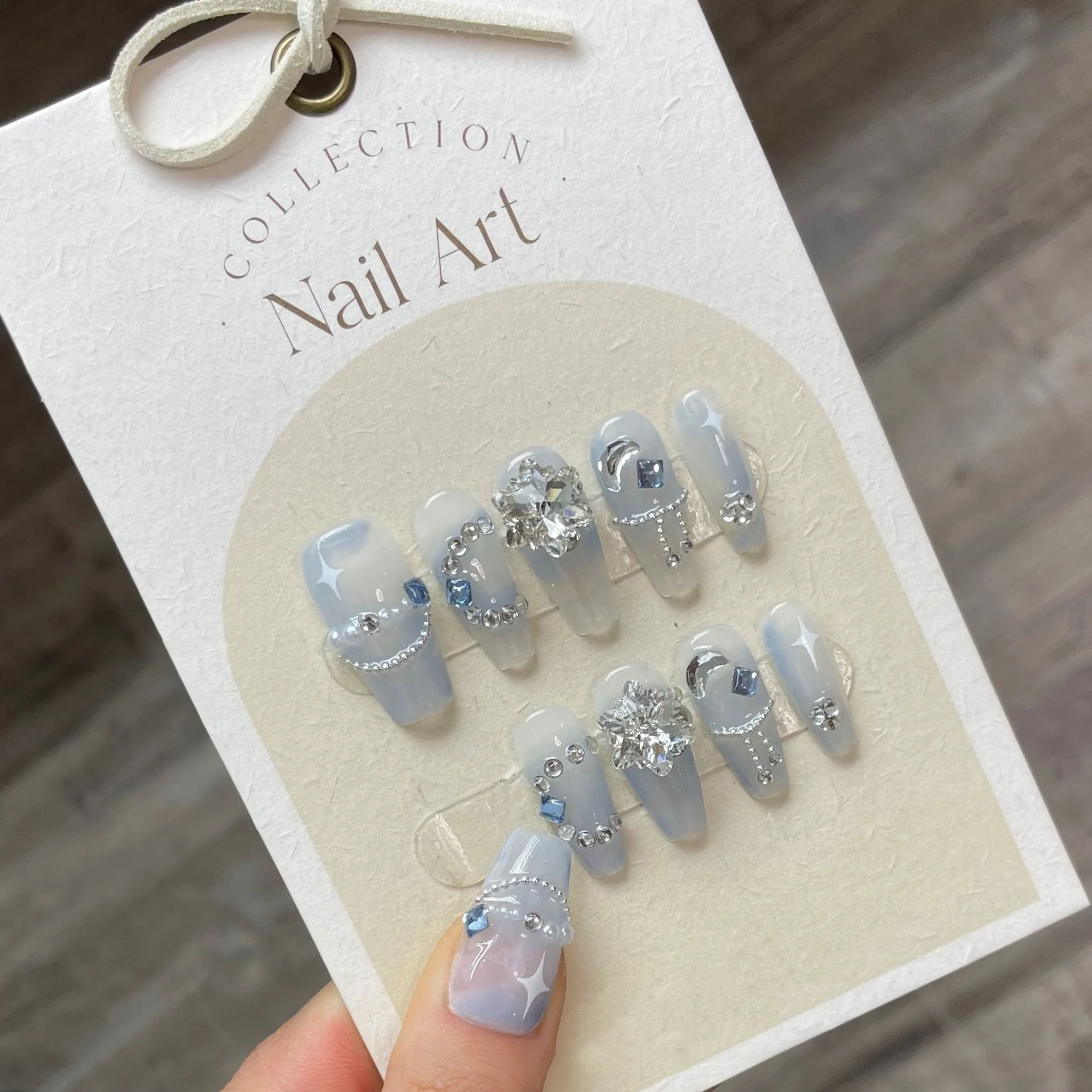 

10Pcs Set Blue Handmade Press on Nails Snowflakes Ballet with Rhinestones False Nails Decoration Full Cover Fake Nails Tips Art