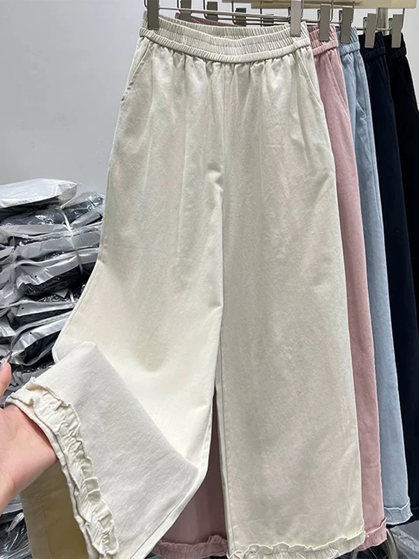 

Casual High Waist Wide Leg Pants Women's Lace Design Elastic Waist Straight Hem Flower Pants Korean Style Spring Cotton