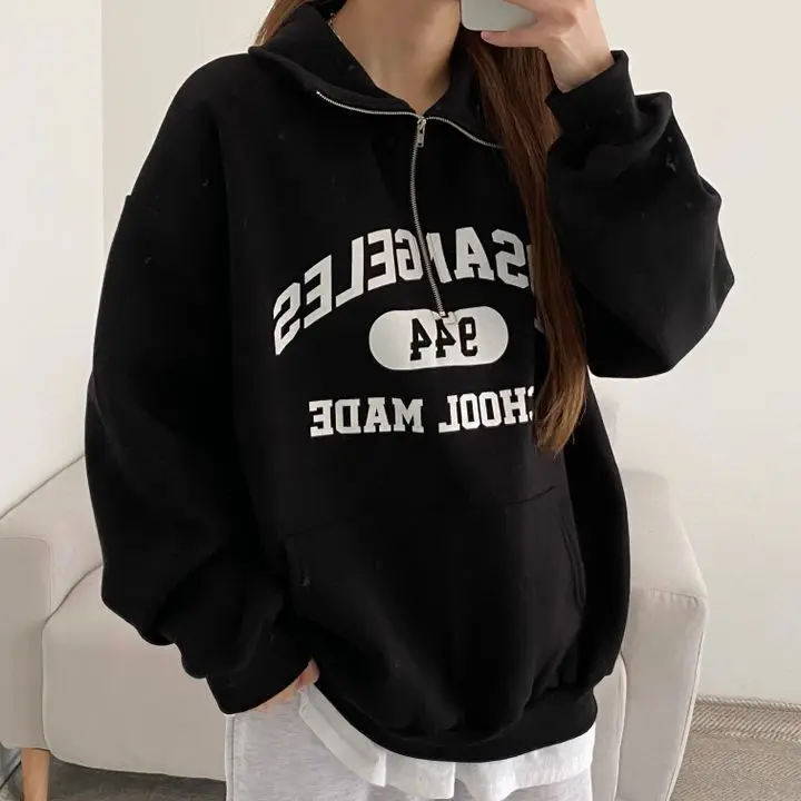 

Harajuku Vintage Letter Printed Women 2023 Winter Kpop Loose Polo Sweatshirts Half Zipper Pullover Long Sleeve Couple Top