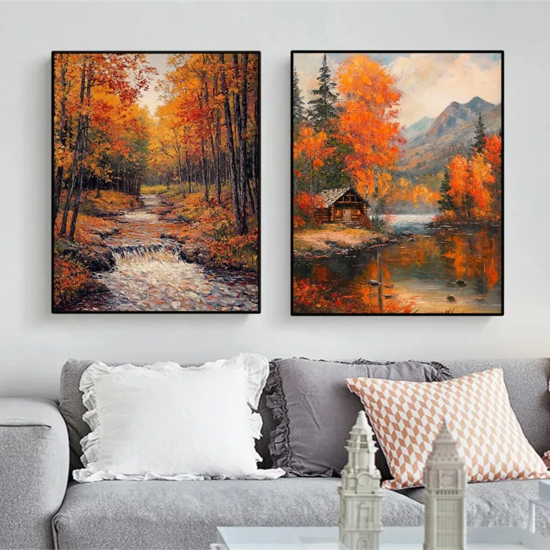1pc Frameless Autumn Natural Scenery Poster Golden Field Tree Forest Rustic Fall Landscape Canvas Painting Wall Art for Living R