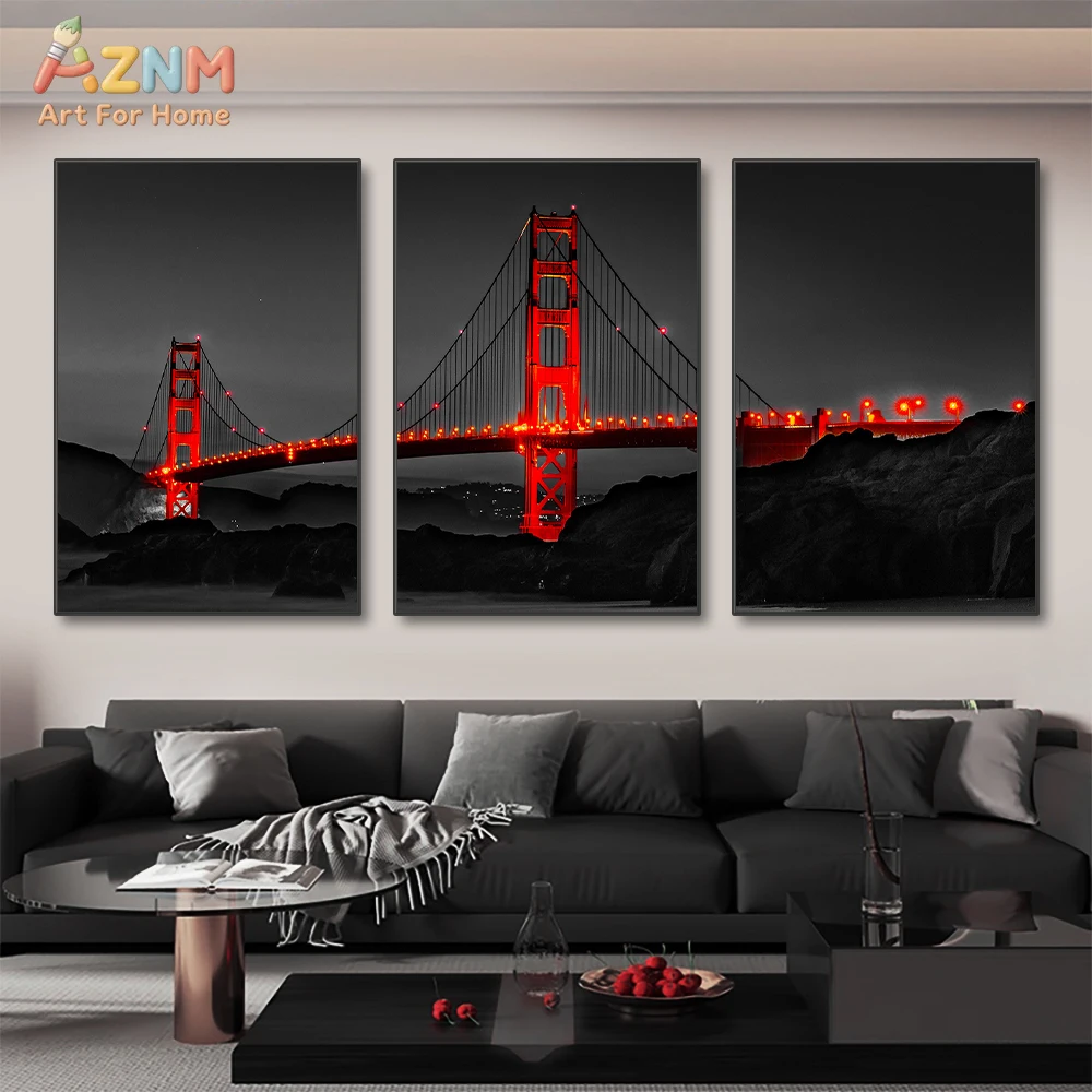 3PCS Black and Red Golden Gate Bridge Night View Canvas Wall Art Prints Set, Modern Cityscape San Francisco Artwork Posters, No