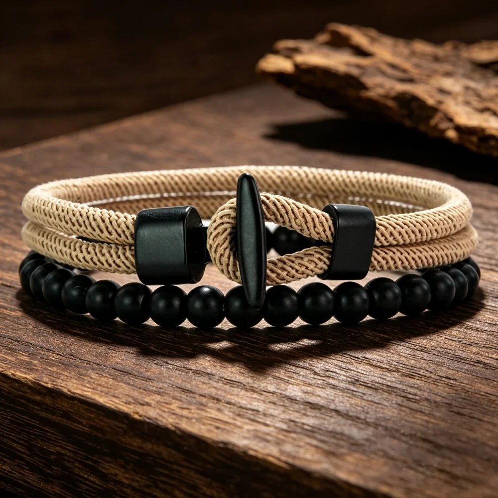 New 2Pcs Men Bracelet Set Premium Selected 4mm Cord Multiple Colors And Sizes Available Casual Street Versatile Wrist Accessory
