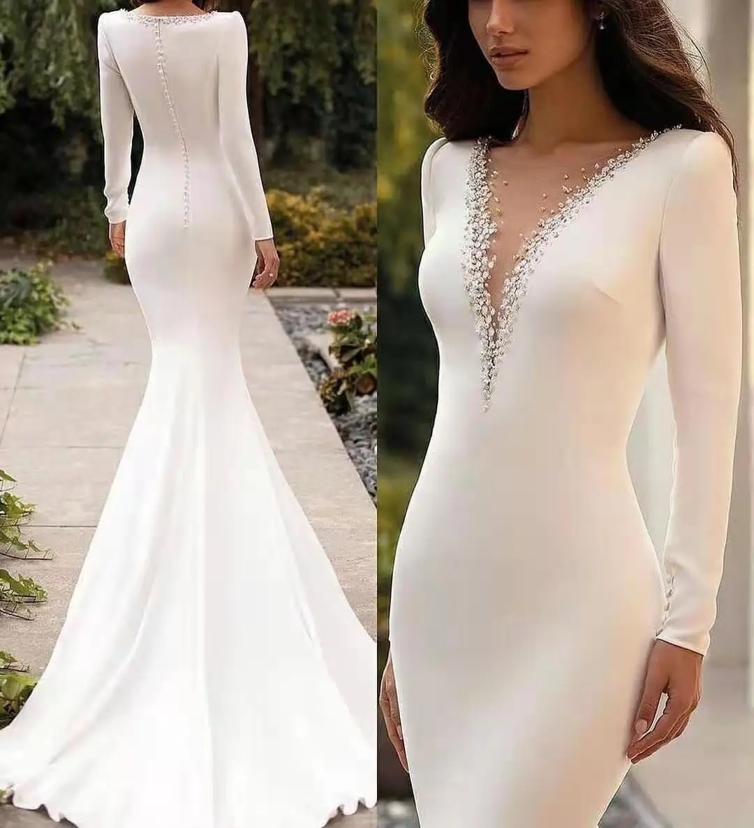 Vestidos de novia de encaje de manga larga con cuello en V para mujer, vestidos de novia Maxi plisados, cola de barrido, satén, Sexy, 2023