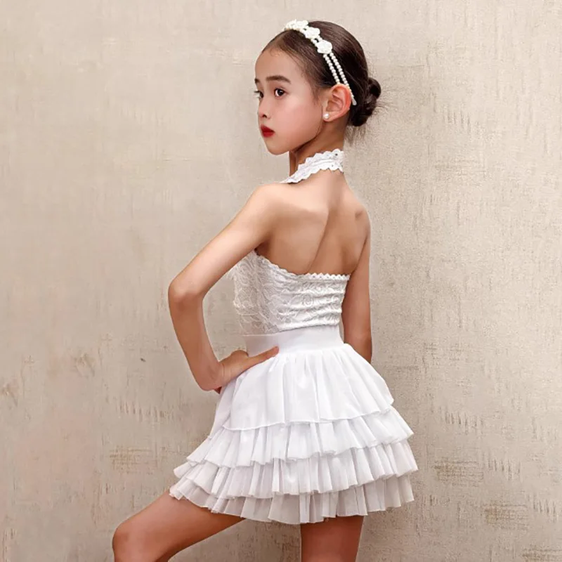 الأطفال الأبيض الرسن عارية الذراعين الدانتيل ارتداءها و كعكة مطوي تنورة الأطفال اللاتينية Dancewear أطفال بنات التدريب أزياء رقص
