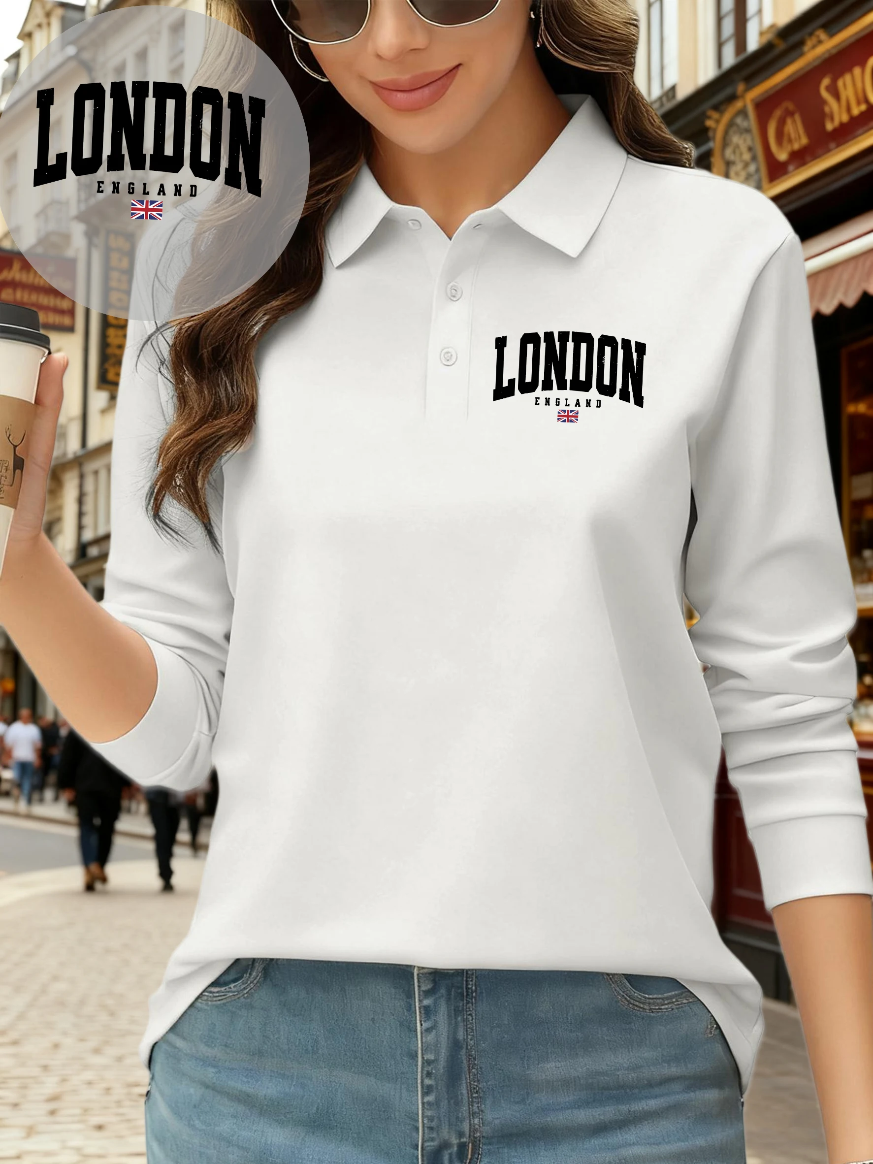 

London England Flag Prints Female Polo Shirt Autumn Casual T-Shirt Womens Fashion All-Match Clothing Fleece Business Long Sleeve