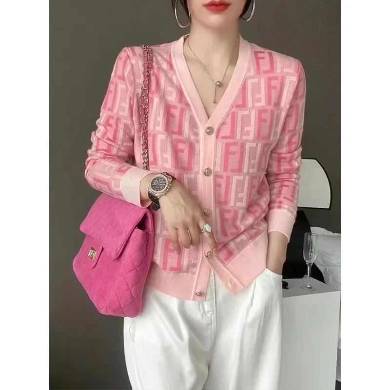 Office Lady Fashion V-neck Knitted Cardigan Autumn New Loose Casual V-neck Chic Button Sweaters Letter Jacquard Knitwear