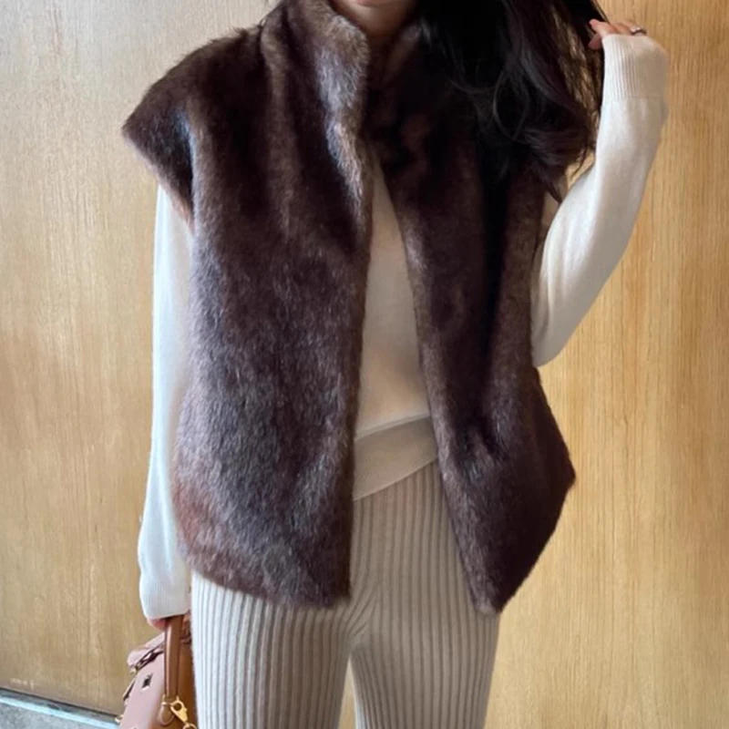 Gagarich Korean Chic Autumn Winter Retro Temperament Stand Up Collar Mink Fur Loose Versatile Solid Fur Vest Cardigan Jacket