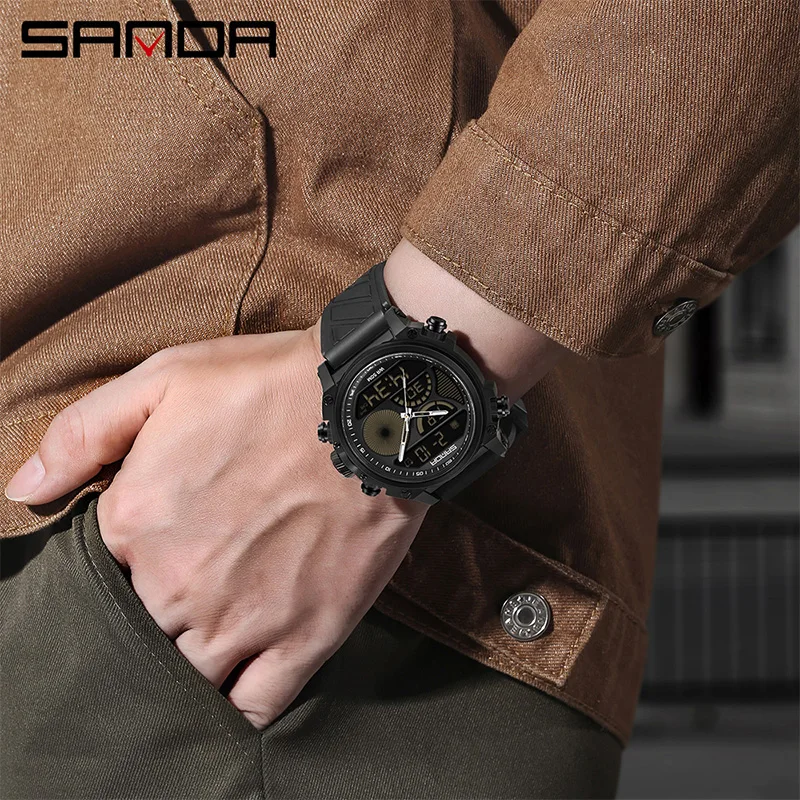 SANDA Large Dial Men's Electronic Watch Multi functional Waterproof Night Light LED Digital Calendar Men's Electronic Watch