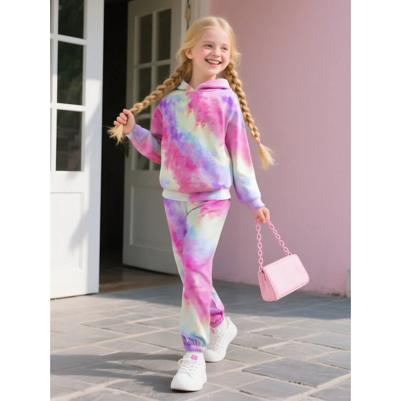 

Tie-Dye Tracksuit for Girls, Rainbow Multicolor Hoodie and Joggers, Cute Casual Outfit for Kids, Trendy, 2-Piece Set, 2026