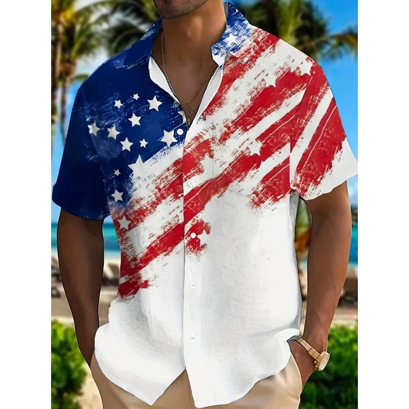 

American Independence Day Flag Gradient Print Men's Button Pocket Short Sleeve Hawaiian Shirt