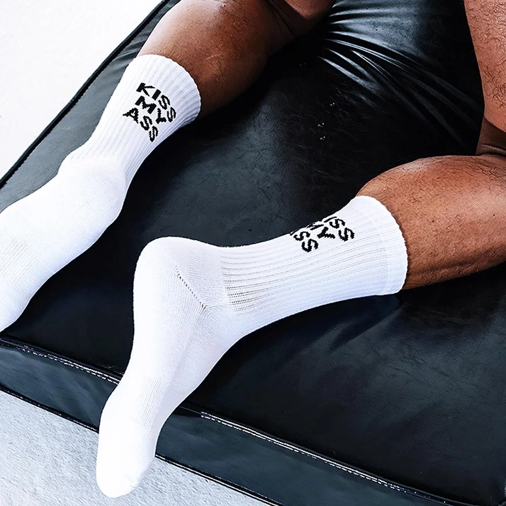 KISSMYASS-calcetines largos de algodón para hombre, medias deportivas de color blanco, para Fitness