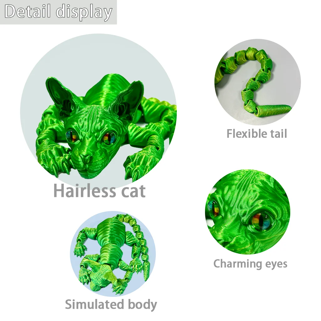 6Pcs 48Cm/18.9In 3D Printed Hairless Cat Statue, Cute Animal Action Figures for Home, Office, Decor, Flexible 3D Printed Animal