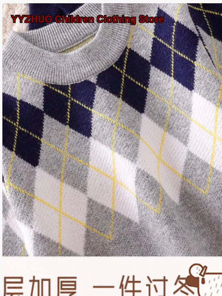 Big Boys Pullover Sweater Kids Autumn Winter Cashmere Knit Solid Color Thickened Warm Base Layer Top Older Kids