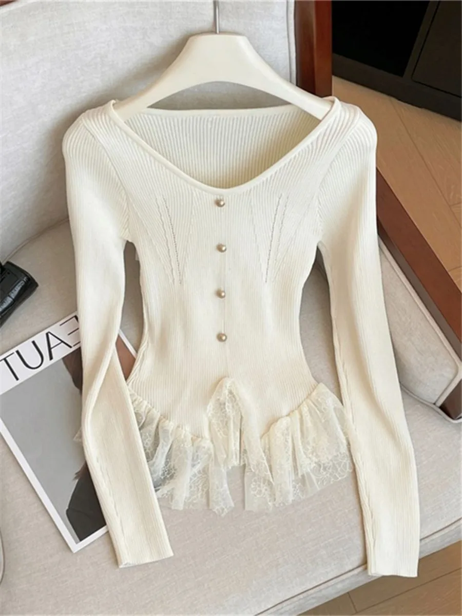 

Spring Autumn Coat Lace Patchwork Knitted Sweater Slim Tops Button V-neck Black White Pullover Design Jackets Bottom Shirts Chic