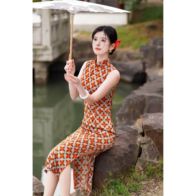 Orange retro print Li Ruotong sleeveless cheongsam women's improved daily summer new stand-up collar slim dress