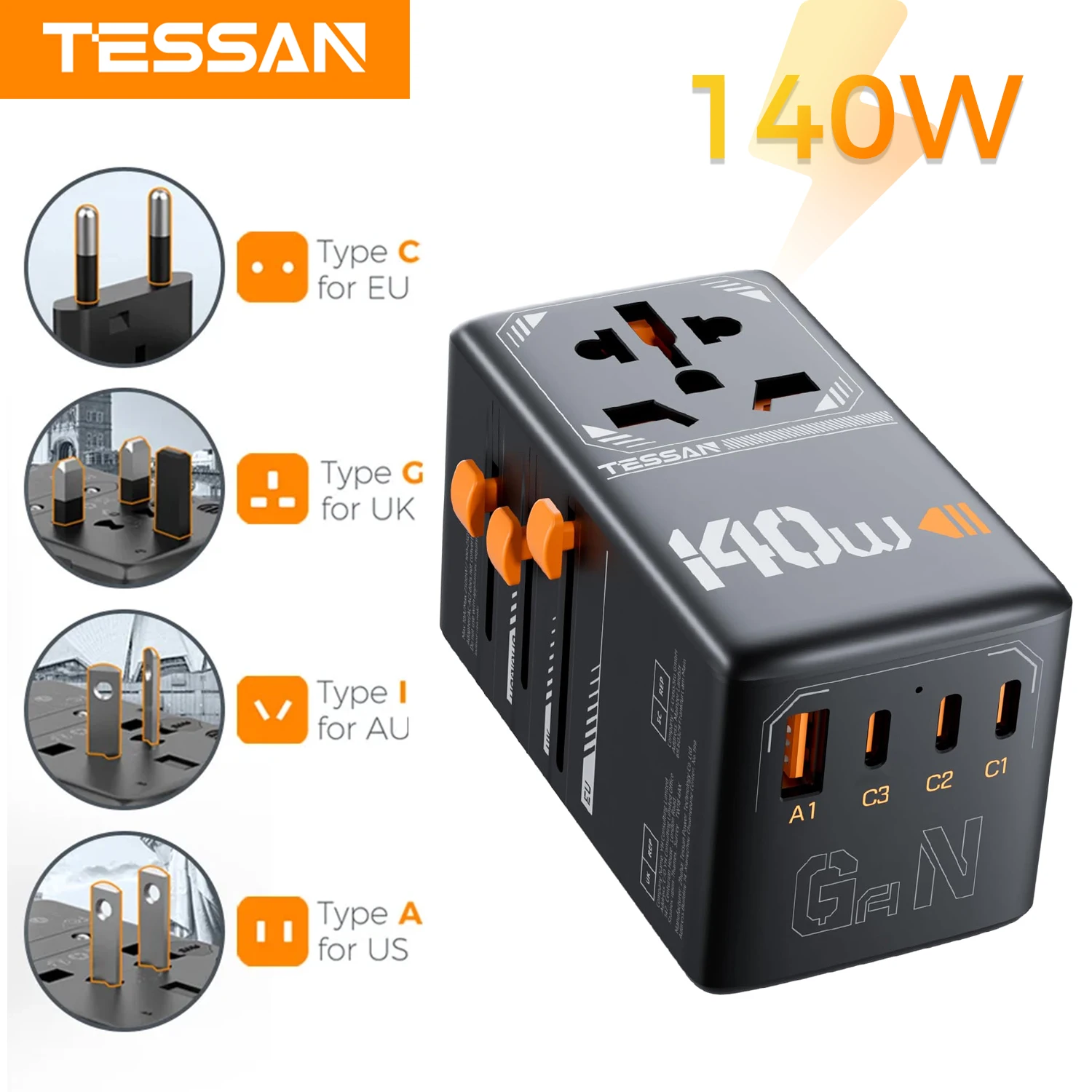 TESSAN 65W/100W/140W GaN Universal Travel Adapter With USB & Type-C All-in-1 Adapter Fast Charger EU/UK/USA/AUS Plug for Travel