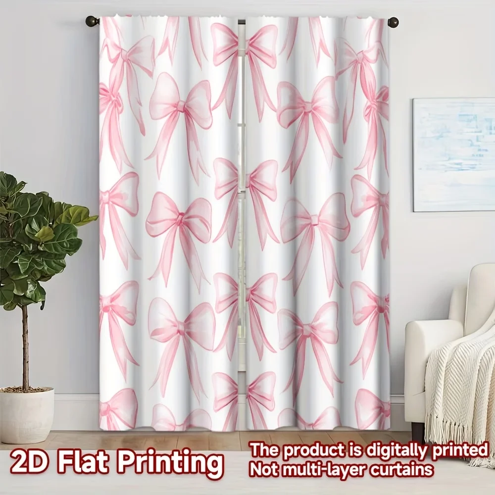 2PCS Digital Printed Curtains, Light Pink Bows Cute Girly Ribbon Pattern, Window Drapes for Living Room Bedroom Home Decoration