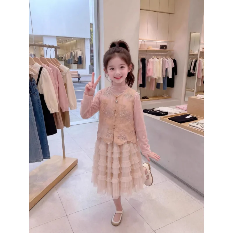

Girls' Spring Season Buttoned Vest Dress Set2026New stylish baby sweet princess dress three-piece set