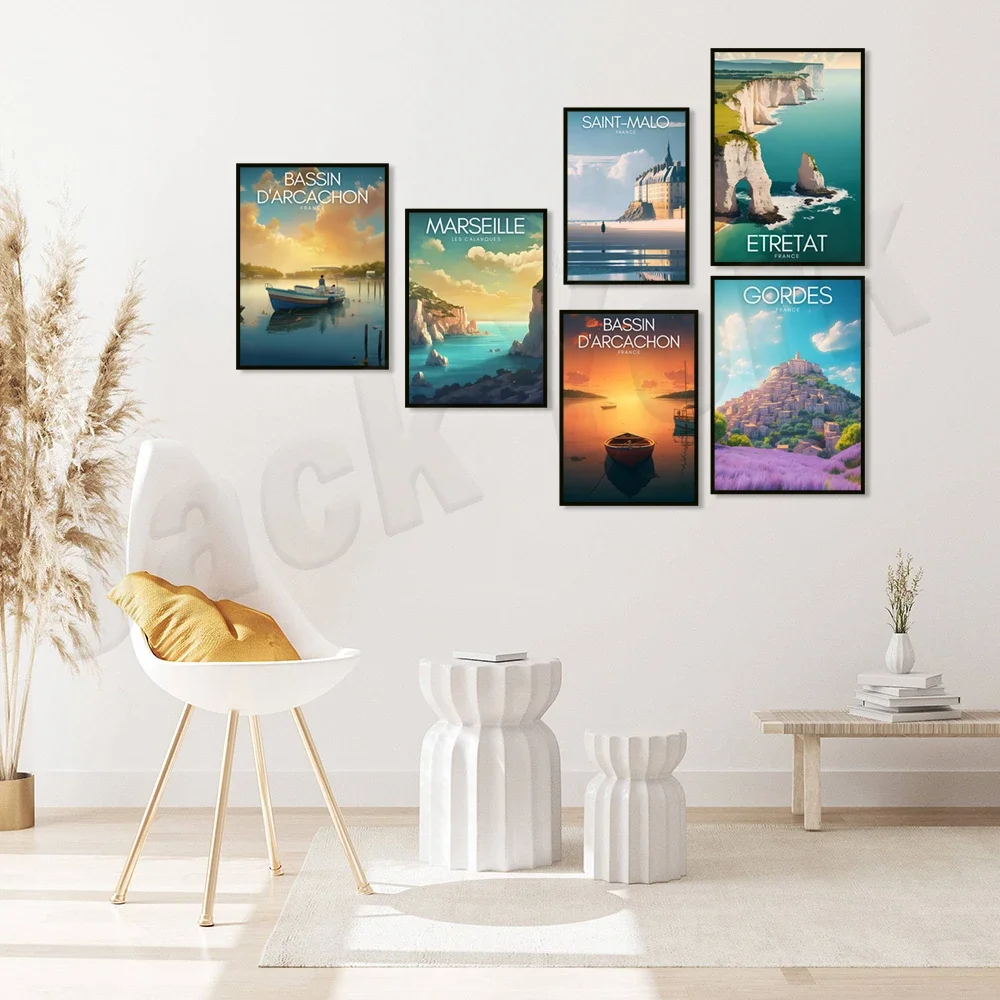 Travel poster of Provence, France, Lake Geneva, Cachon Basin, Lacanau Beach, Annecy Lake, Saint Malo Poster, Marseille Channel