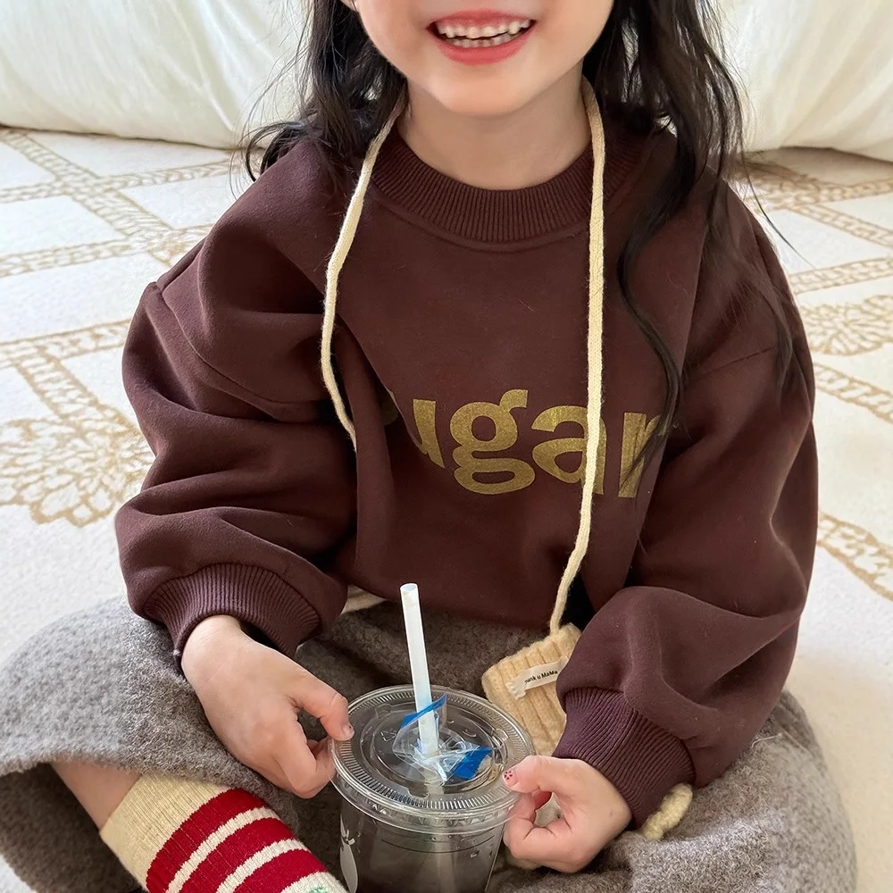 

2025 Winter New Children Fleece Sweatshirt Letter Print Girls Casual Polka Dot Pullover Plus Velvet Thick Kids Boys Warm Clothes