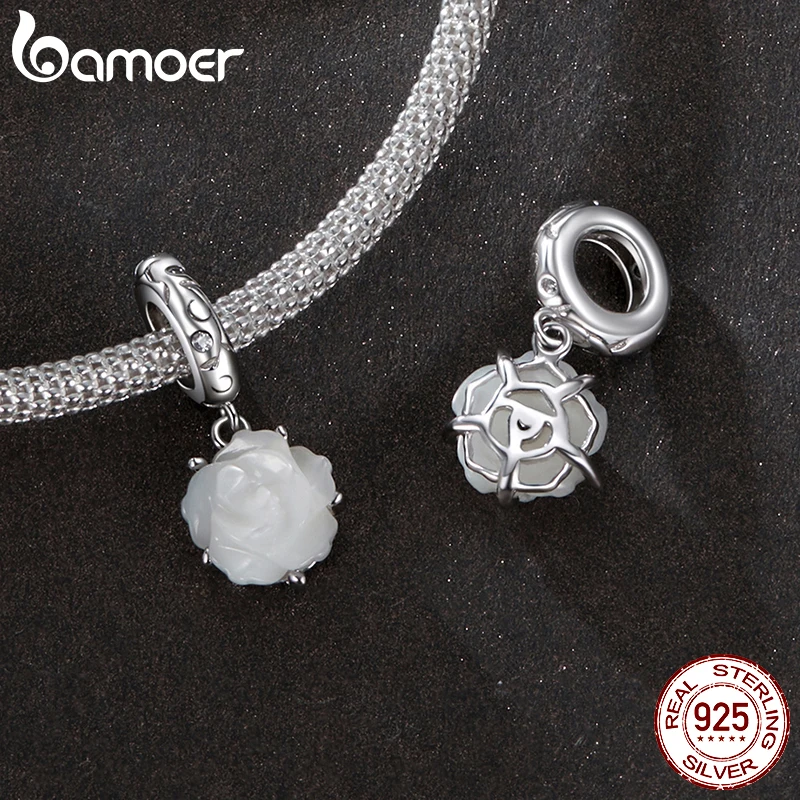 BAMOER 925 Sterling Silver White Rose Pendant fit Original Bracelet DIY Bamoer Flower Charm for Jewelry Making Christmas Gift