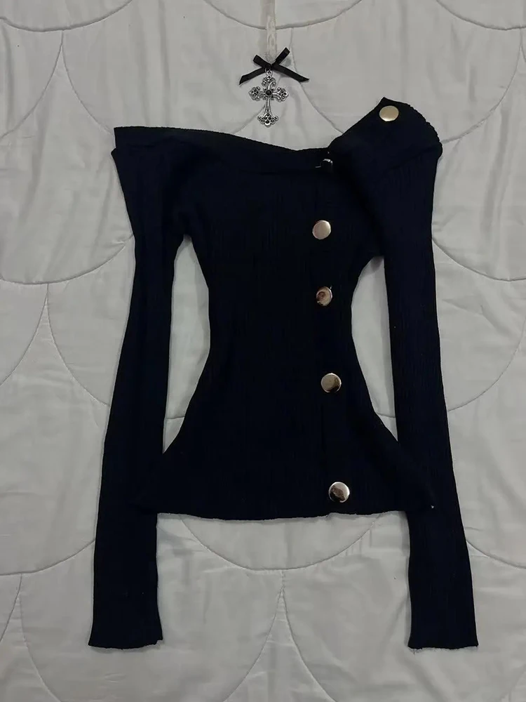 

Вязаный свитер с черными плечами, женский сексуальный свитер для поездок на работу, облегающий длинный свитер из полиэфирного волокна, повседневная одежда