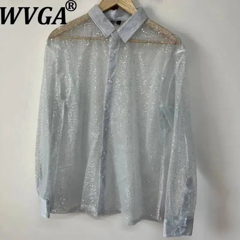 WVGA Summer New Man Silver Sequin Embroidered Sheer Mesh Shiny Trendy Loose-fitting Versatile Shirt Niche Chic Casual Top W22902