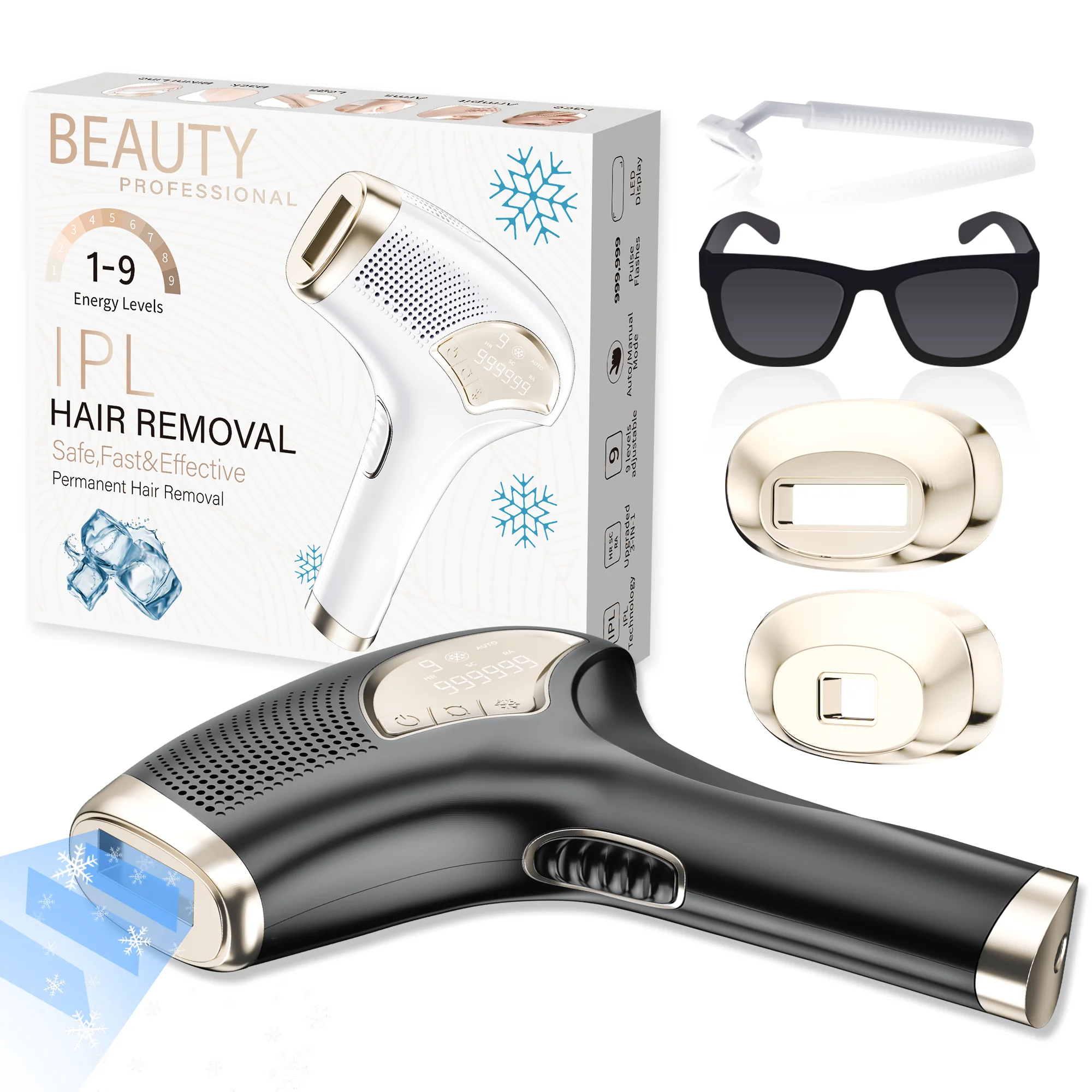 IPL Hair Removal Laser With Ice Cooling 9 Energy Levels 999900 Flashes Permanent Hair Removal Whole Body Treament for Women Men