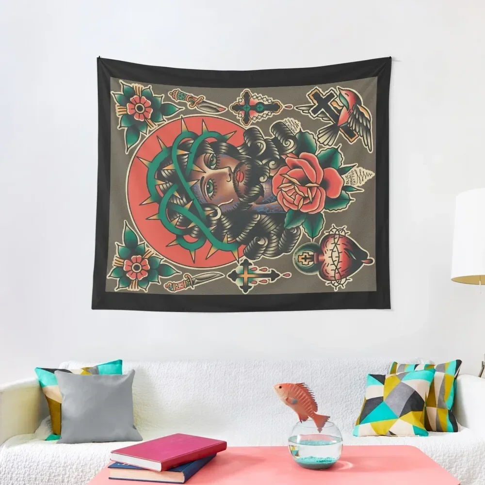 

Traditional Jesus tattoo flash sheet (Full Throw Size) ((horizontal)) Tapestry Decorative Wall Christmas Decoration Tapestry