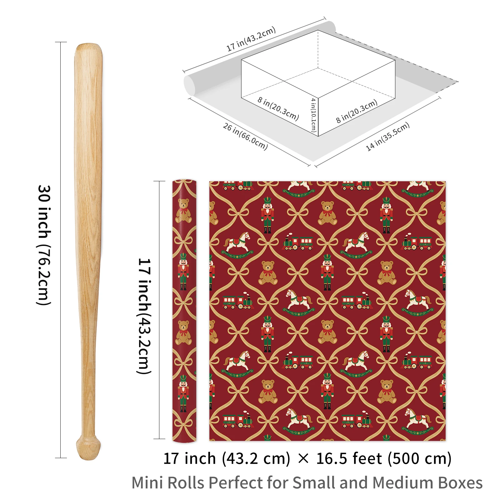1 Roll of Red-Backed Vintage Toy Christmas Wrapping Paper, Teddy Bear Nutcracker Style, Holiday Gift DIY Decorative Paper, 43.2cm X 300cm (17inch X 9.84 Feet)