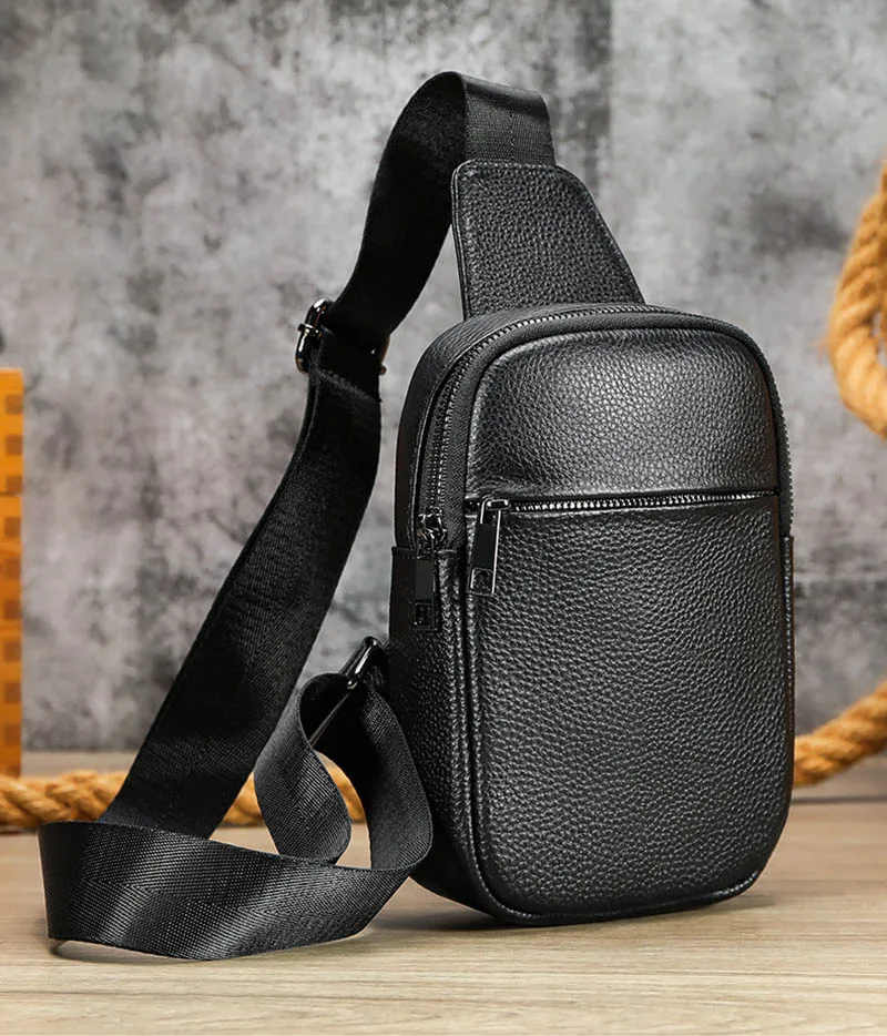 Bolso de pecho de cuero genuino para hombre, informal de un solo hombro bandolera, color negro