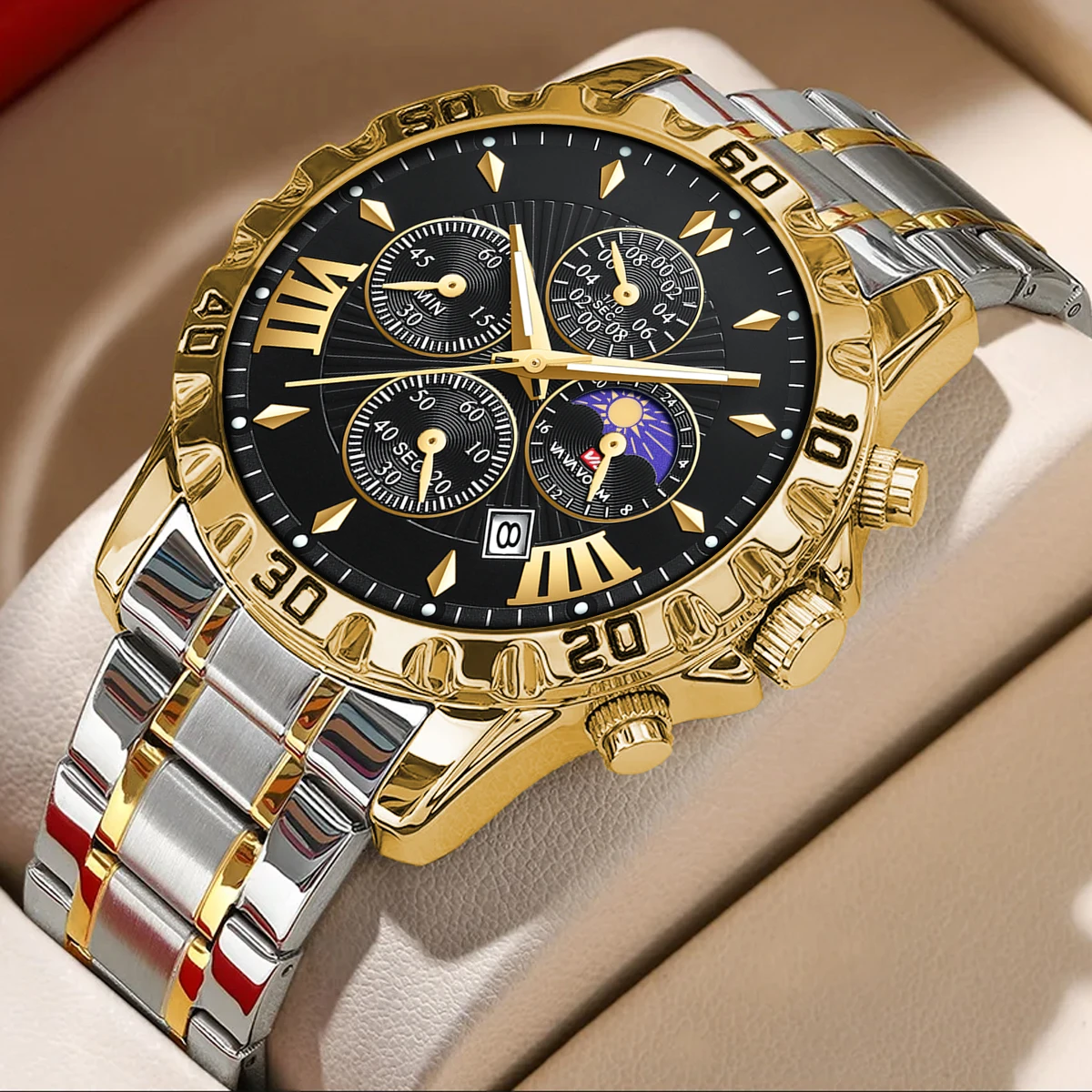 Multi Functional Men Stainless Steel Watch Fashionable 43mm Large Dial Luminous Gold Black Sports Leisure Quartz Men Wristwatch