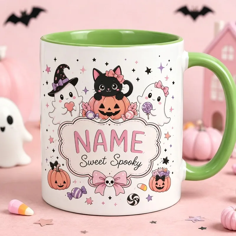 1pc 2D Personalized Name Sweet Cool Halloween Mug Bowknot Ghost Black Cat Pumpkin Pattern Ceramic Coffee Water Cup Creative Hall