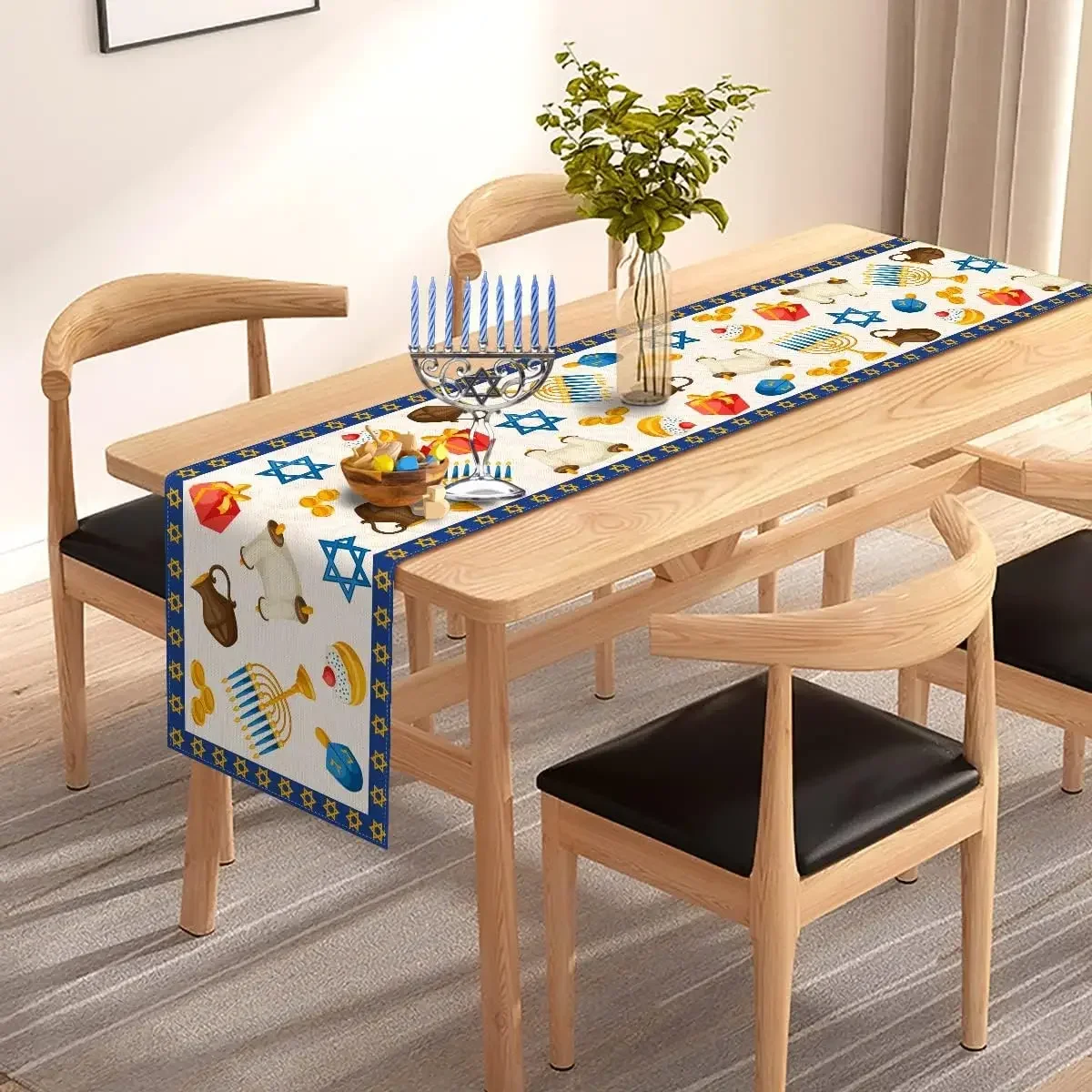 Hanukkah Linen Table Runner Party Table Decor Chanukah Menorah Dreidel Jewish Festival Dining Table Runners Hanukkah Decorations