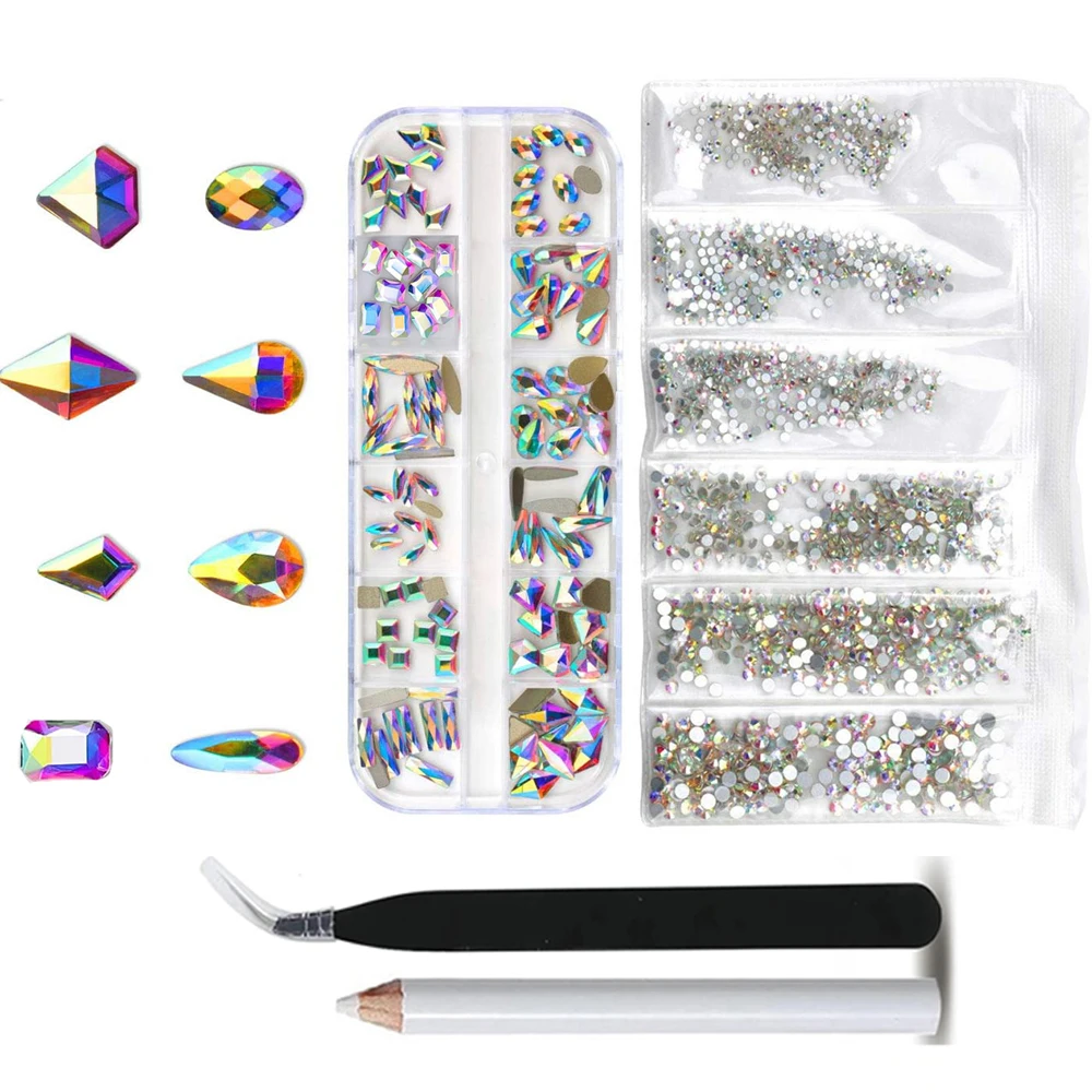 

4Pcs 3D Glass AB Crystal Nail Art Rhinestones Kit Flatback Round Bead Charm Jewelry Diamond with Pickup Pen + Tweezers Manicure